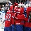 MOSCOW, RUSSIA - MAY 10: Norway's Johannes Johannesen 34 celebrates a first period goal against Kazakhstan with Ole-Kristian Tollefsen #55 and Thomas Valkvae Olsen #93 during preliminary round action at the 2016 IIHF Ice Hockey Championship. (Photo by Andre Ringuette/HHOF-IIHF Images)

